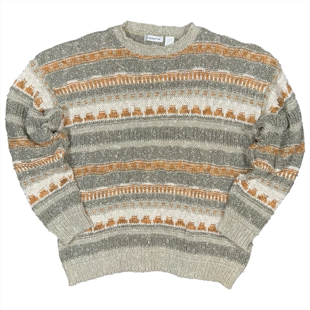 VTG Claiborne Chunky Knit Sweater Mens XL USA Retro 90s Grandpa Core Earth Tones